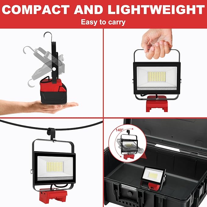 60W 6000LM Cordless Work Light Compatible with Milwaukee 18V Battery (Battery Not Included), Portable LED Flashlgiht Flood Light with USB &Type C Charging for Job Site, Emergency, Camping