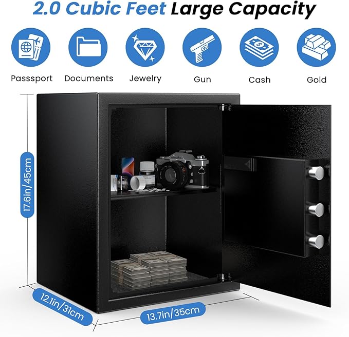 2.0 Cuft Safes with Fireproof Bag and Removable Shelf, Home Safe with Keys & Pass Code & Wall Mount Kits, Security Document Safe for Home, Hotel, Office, Valuables, Money, 13.7''W×12.1''D×17.6''H