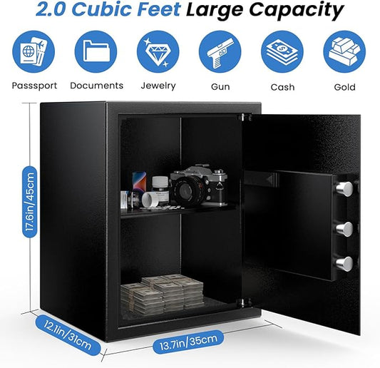 2.0 Cuft Safes with Fireproof Bag and Removable Shelf, Home Safe with Keys & Pass Code & Wall Mount Kits, Security Document Safe for Home, Hotel, Office, Valuables, Money, 13.7''W×12.1''D×17.6''H