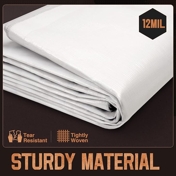 Tarp Heavy Duty 30x30 FT, 12 Mil Thick Large Tarps Water-Proof with Grommets, UV& Tear Resistant, Plastic Cover for Pool Roof Tent Outdoor Firewood, White