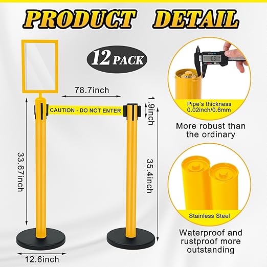 Therwen 12 Pack Heavy Duty Crowd Control Stanchions 9.8 ft Stainless Steel Stanchion Set with Safety Barrier Post Retractable Belt and Sign Holder Crowd Control Barrier(Caution Belt, Yellow)