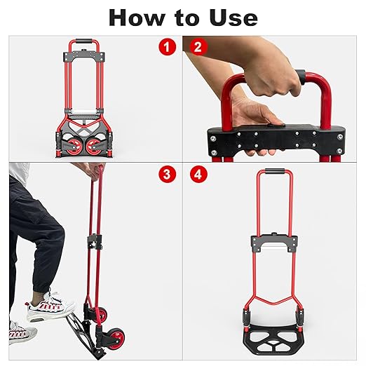 Folding Hand Truck Dolly Cart, 180LBS Portable Aluminum Hand Truck Foldable with Telescoping Handle and Elastic Cord for Luggage, Boxes, Functionality Foldable Dolly for Home, Moving, Black Red