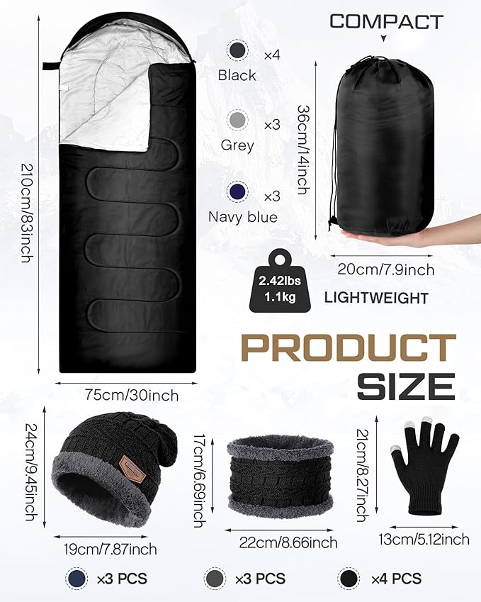 40 Pcs Bulk Sleeping Bags Adult for Homeless, Sleeping Bags Cold Weather Waterproof with Winter Hats Gloves Scarves and Mittens for Camping Emergency Use