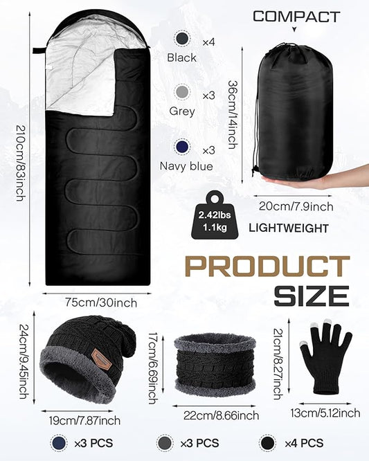40 Pcs Bulk Sleeping Bags Adult for Homeless, Sleeping Bags Cold Weather Waterproof with Winter Hats Gloves Scarves and Mittens for Camping Emergency Use