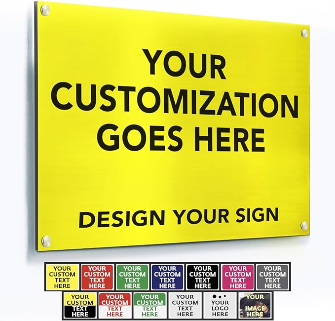 Custom Metal Signs, Personalized Aluminum, Customized Safety, Business Signs - Waterproof, White Aluminum (Yellow Background, 14x10 In)