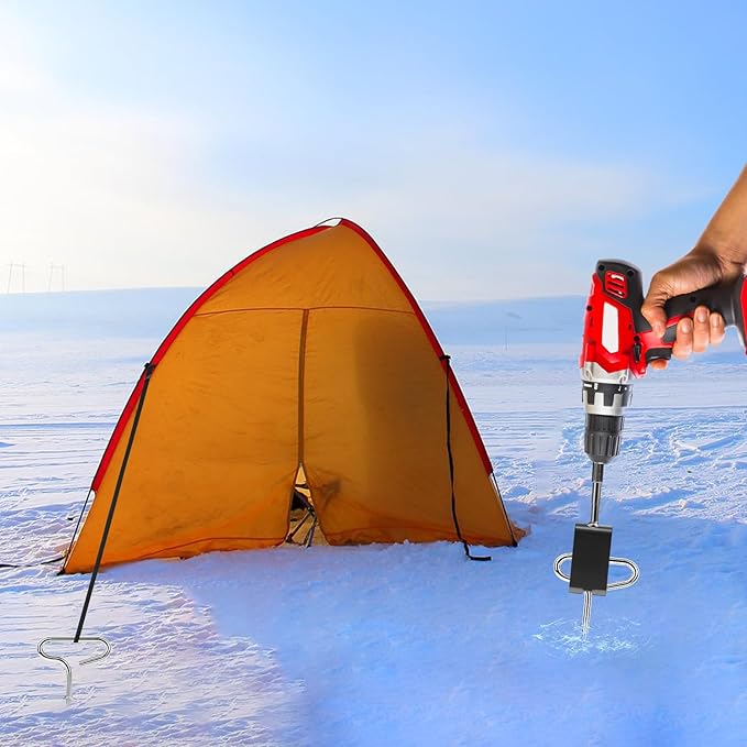 Ice Anchor Tool Kit for Ice Fishing Shelter, Includes 1 Drill Adapter, 4 Threaded Pegs, 1 Storge Bag, and 1 Impact Socket, Heavy Duty Ice Fishing Tent Stakes, Portable Ice Shelter Setup Tools