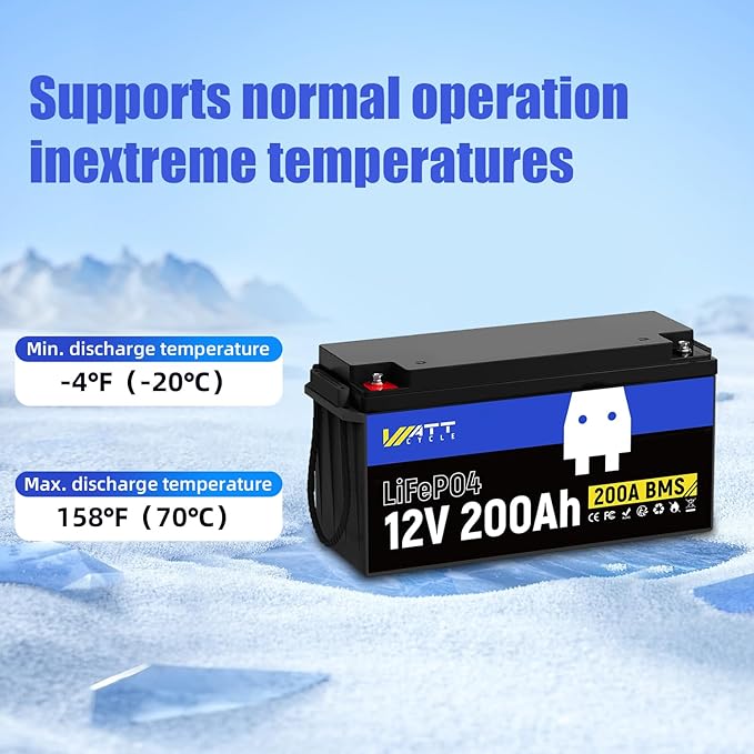Wattcycle 12V 200Ah LiFePO4 Lithium Battery 1 Pack, Up to 15000 Cycles, Built-in 200A BMS, Low Temperature Protection, 10 Years Lifespan, Perfect for RV Outdoor Camping Home Energy Storage