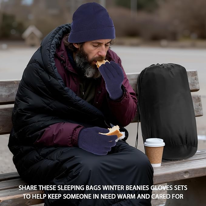 48 Pcs Sleeping Bags for Homeless Winter Beanies Gloves for Homeless Donation Shelter Season Warm Sleeping Bag Bulk with Sack Fleece Gloves and Hat for Cold Weather Emergencies Charity