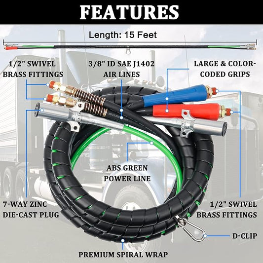 15ft 3 in 1 ABS & Power Air Line Hose with Glad Hand Tender Spring Kit Gladhand & Rubber Seals Air Lines for Semi Truck Tractor Trailer