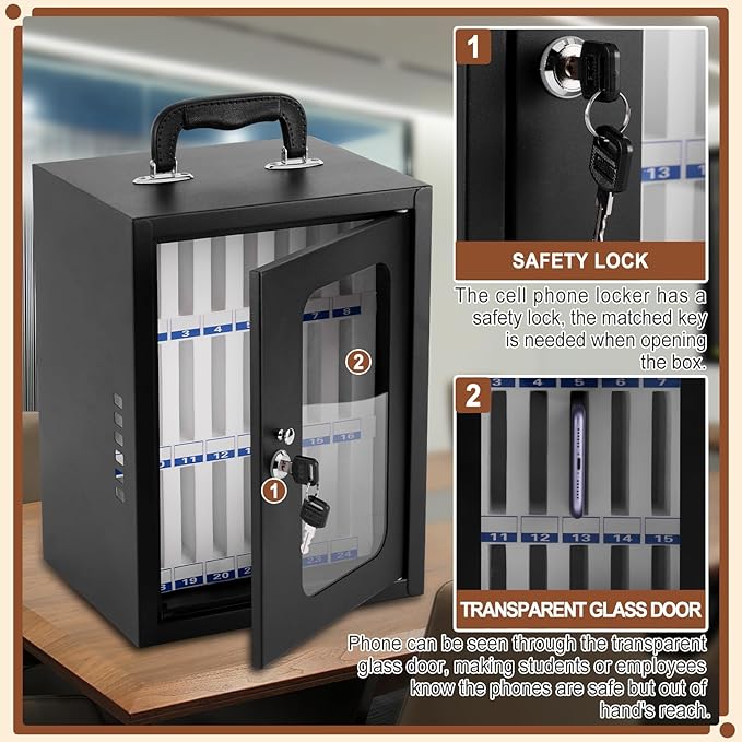 Cell Phone Locker Box, Thickened Steel Cell Phone Storage Cabinet 24 Slots Wall-Mounted Cell Phone Lock Box for School, Company
