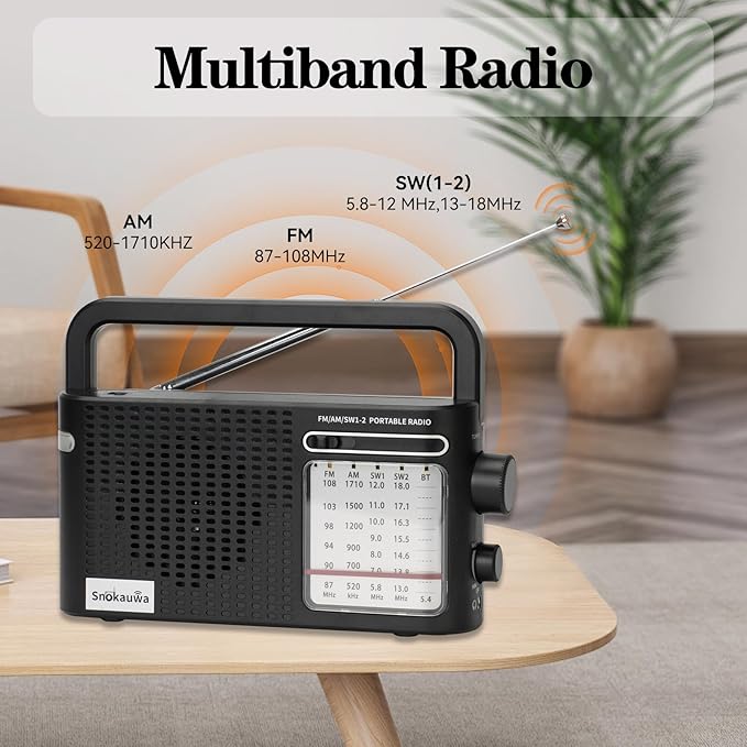 Portable Weather Radio AM FM SW,Wall Plug and Battery Powered,with Bluetooth,Big Speaker,Large Dial,High/Low Tone Mode,Earphone Jack,Flashlight,for Home,Picnic,Gifts for Seniors Elderly