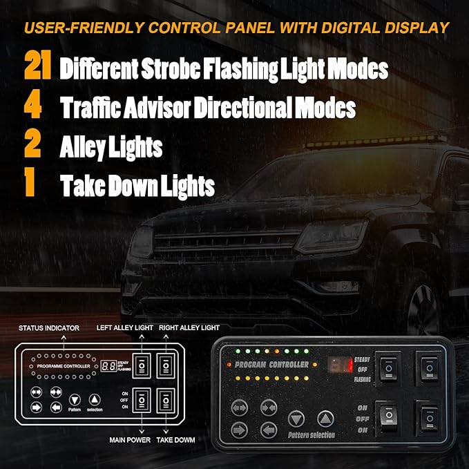 LUMENIX 48 Inch Rooftop Strobe Emergency Lights Bar Heavy-Duty Warning Flashing Traffic Lightbar w/White LED Alley and Take Down Light for Construction Vehicles Towing Work Trucks Snow Plows - Amber