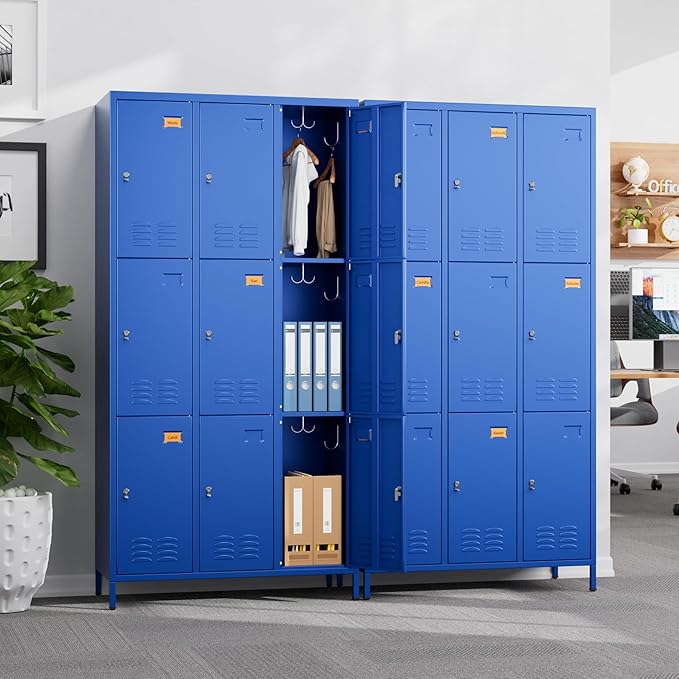 Metal Lockers for Employees with 9 Doors and 27 Hooks, 72”H Storage Locker with Card Slot for Office Gym School Bedroom, Blue, Assembly Required