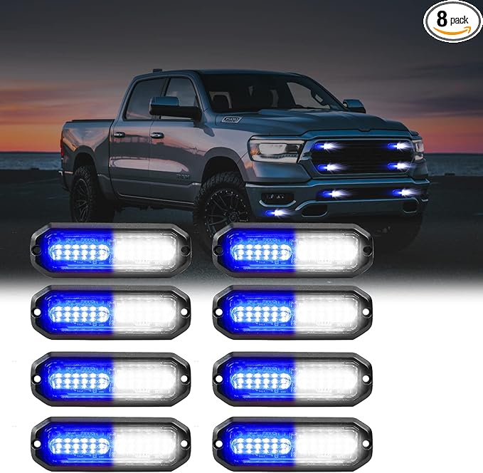 WINECO Blue/White 8pcs Ultra Slim LED Emergency Strobe Police Lights, Surface Mount Grill Grille Hazard Safty Warning Flashing Light for Volunteer Trucks Vehicles