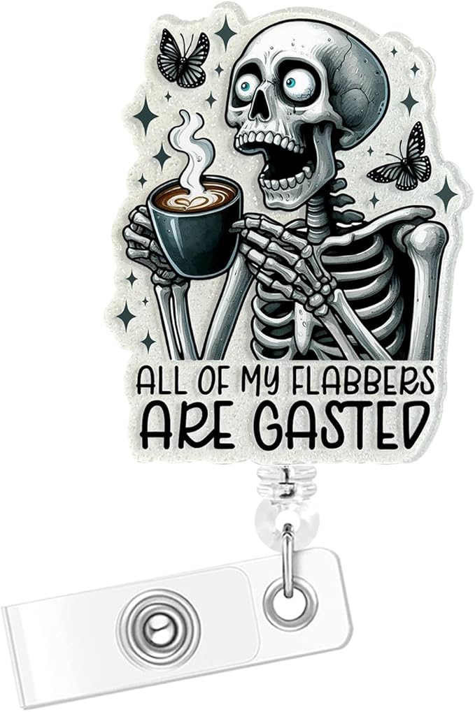 Funny Badge Reel Retractable, Excited Skeleton Badge Buddy for Rn CNA Work Accessories, Glitter Id Badge Clip with Alligator Clip (Coffee Addiction)