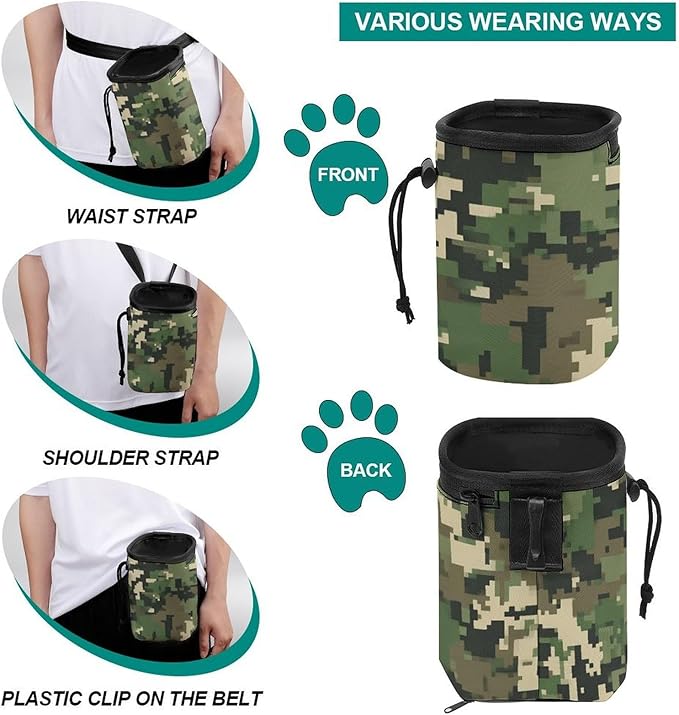 Fashion Pet Training Package, Portable Travel Dog Carrier Bag, Puppy Snack Pocket with Adjustable Waist Belt for Cat Dog Puppy Green Camo Army Solider Camouflage