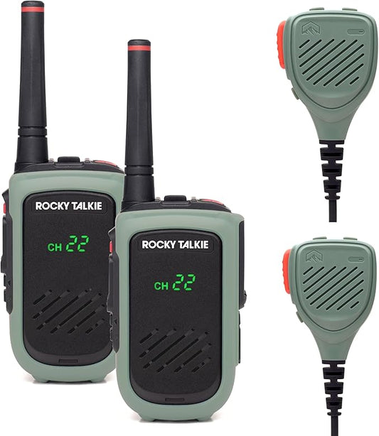 Rocky Talkie 5 Watt Radio with Waterproof Hand Mic - GMRS Radio with IP67 Waterproofing, Long Range Walkie Talkie, NOAA Weather Alerts, 5 Day Battery Life, 2 Pack