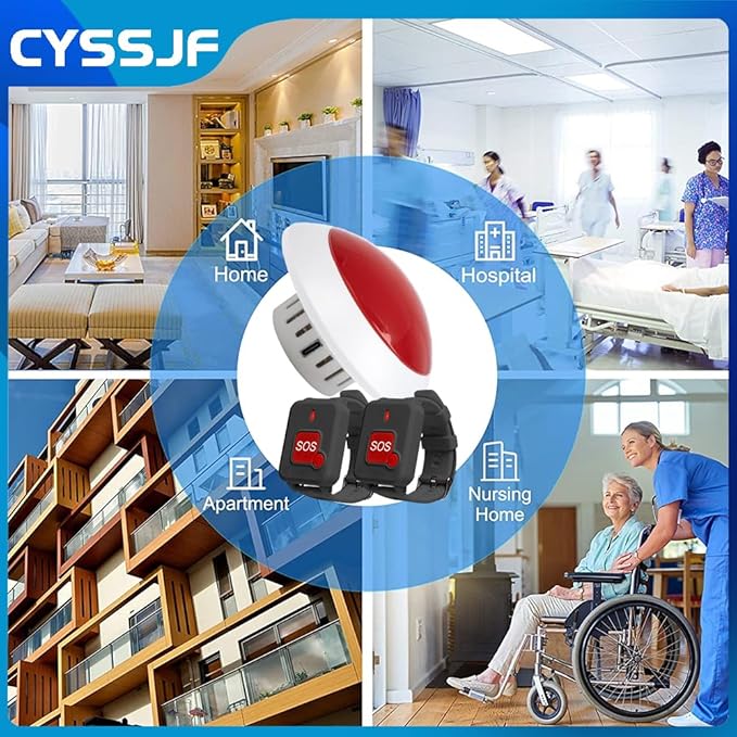 Wireless Caregiver Pager Watch Call Button Strobe Light System for Elderly Disabled Person Life Emergency Alert in Home Hospitals Nurse with 1 Call Light and 2 Wrist Panic Buttons