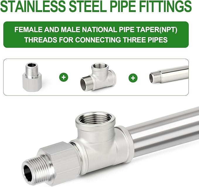 TAISHER 5PCS 304 Stainless Steel Tee Pipe Fittings, 3/8" NPT Female x 3/8" NPT Female x 3/8" NPT Male Pipe Fittings, Male Run Tee