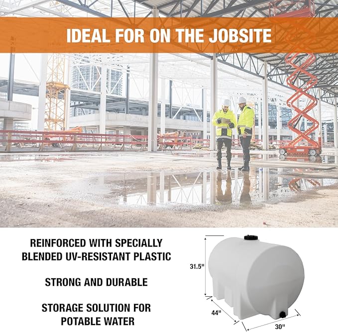 RomoTech 125 Gallon Polyethylene Storage Tank with Legs–Heavy-Duty Horizontal Water Storage Tank for Farms, Industrial or Chemical Use–UV-Resistant, Rustproof, BPA-Free Plastic Liquid Tank, 82123949