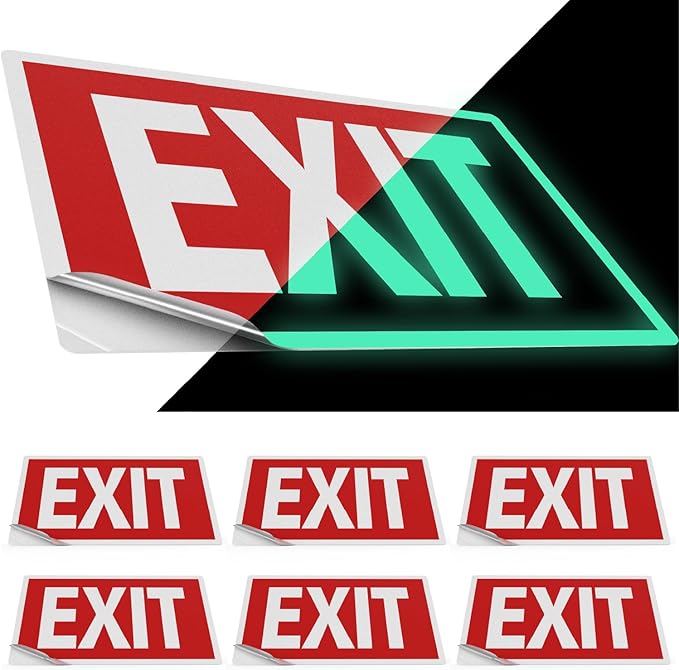 Sunco 6 Pack Photoluminescent Exit Signs, Glow In The Dark Emergency Sign, Non-Electrical, Adhesive Backing, Fade Resistant, Waterproof, Tear Resistant, Up to 50FT Visibility