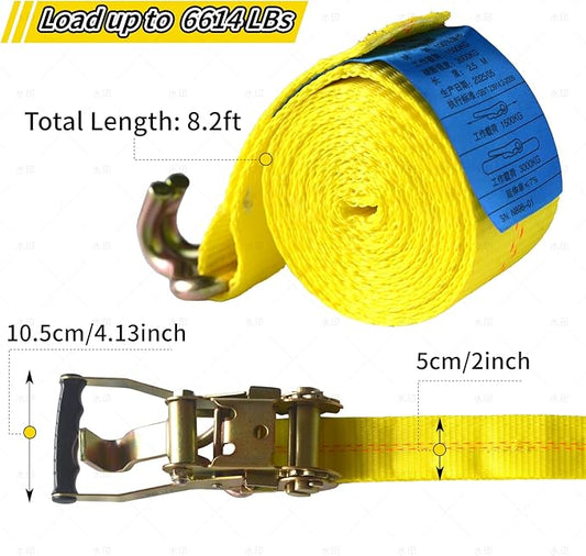 2 Pack Heavy Duty Ratchet Tie Down Straps 2" x8' – 6614 lbs Break Strength Cargo Straps with Metal Hooks for Truck, Trailer, Moving, Motorcycle & ATV, Yellow