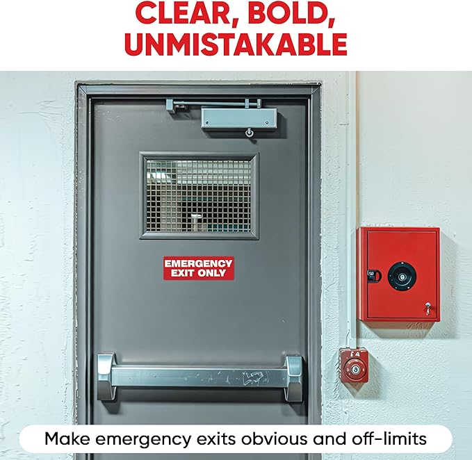 | Emergency Exit Only Sign Stickers (2 Pack), 8.75x3 – Strong Adhesive, Durable, Waterproof Exit Sign Stickers for Doors and Walls – Perfect for Emergency Exit Only Signage.