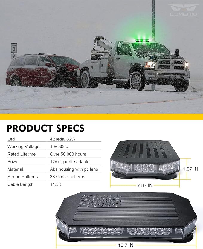 LUMENIX Rooftop Strobe Beacon Lights White Green LED Emergency Flashing Warning Caution Traffic Light Bar for Law Enforcement POV Vehicles Snowplow Trucks - American Flag Pattern | Patented Design