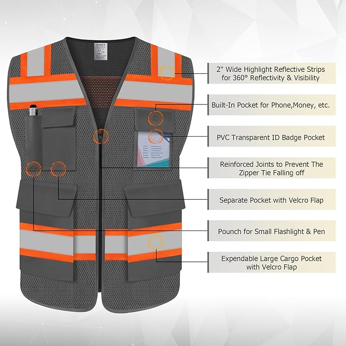 TCCFCCT Safety Vest for Men Women 5 Pockets Mesh High Visibility Reflective Vest with Reinforced Zipper, Durable Construction Work Vest with Fluorescent Orange Edge, Meets ANSI/ISEA, DW-Grey, L