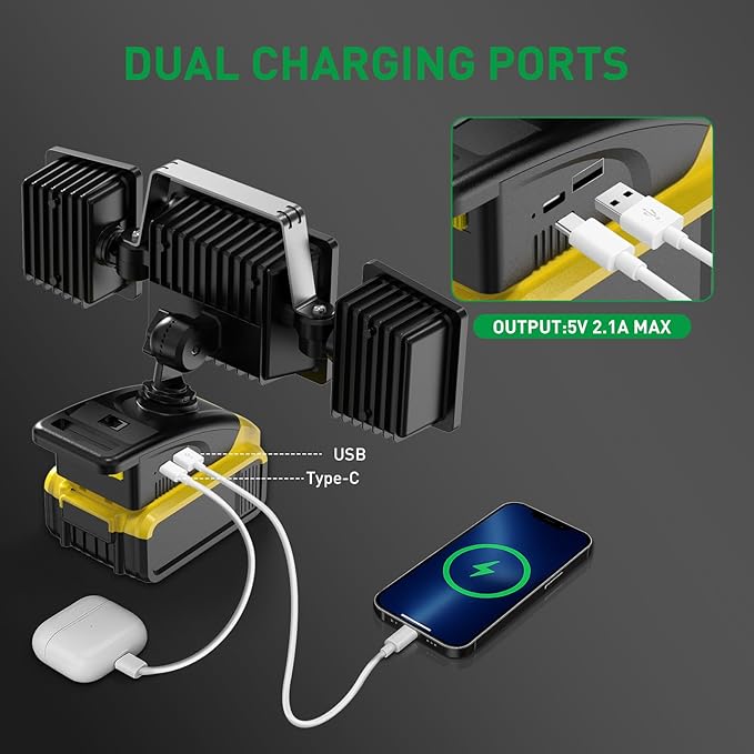 ALUSSO® LED Work Light for Dewalt Battery 18W/27W/36W Adjustable, 3000K/4000K/6500K Worklight with USB&Type C Charging Port, Portable 3 Heads Rotation Outdoor Lamp for Job Site, Fishing, Construction