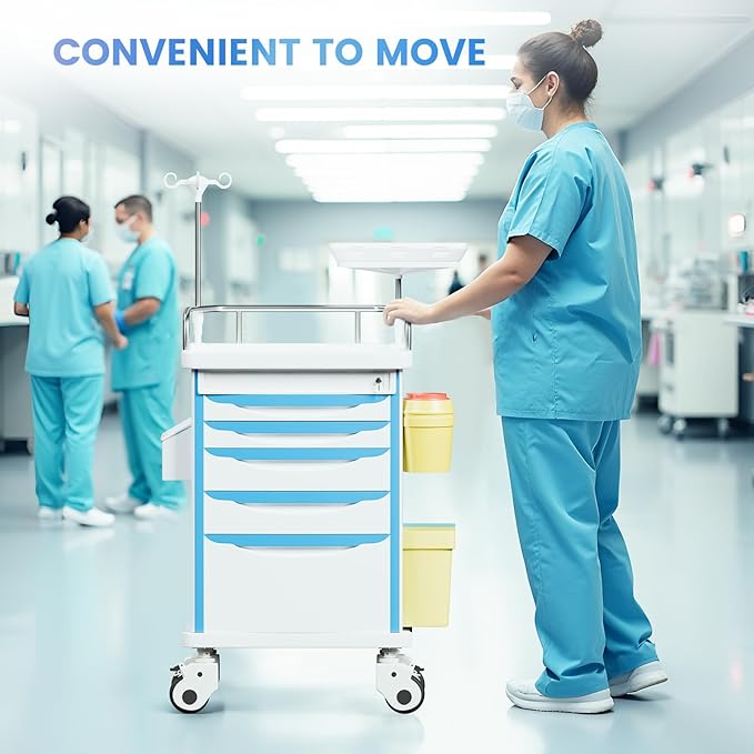 Medical Crash Cart with Emergency Accessory-CPR Board, IV Pole, O2 Holder, Trash Bin, 5 Drawers Nursing Cart with Dividers for Hospital, Clinic, Lab