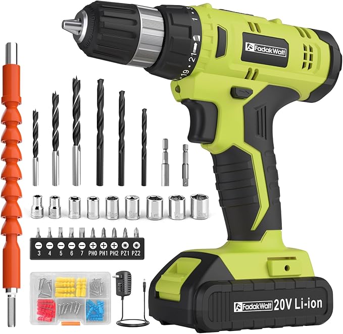 FADAKWALT Cordless Drill Set, 20V Electric Power Drill with Battery And Charger, Torque 30N, 21+1 Torque Setting, 3/8-Inch Keyless Chuck, Drill Driver Bits Kit, with LED