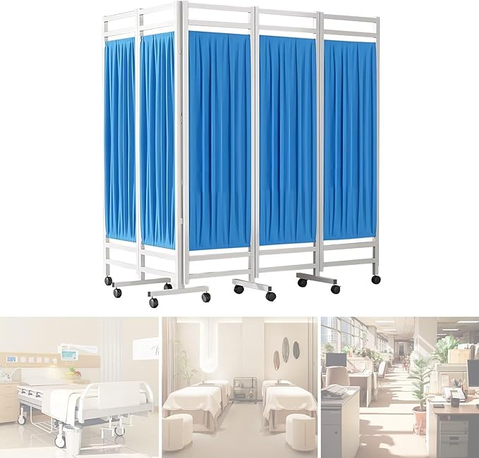 Medical Privacy Screen on Wheels, Foldable Medical Room Divider with Lockable casters, Waterproof Nylon Panel, Portable Privacy Screen for Room, Easy to Clean (Blue 5 Panels)