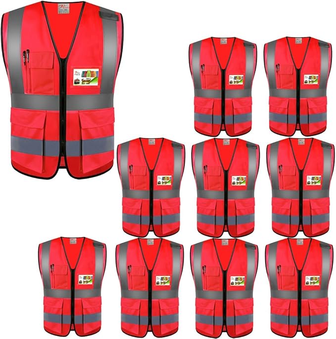 zojo High Visibility Safety Vests With Pockets, Wholesale Reflective Vest for Outdoor Works, Cycling, Jogging, Walking,Sports - Fits for Men and Women Pack of 10 (10, XXXL-Red)