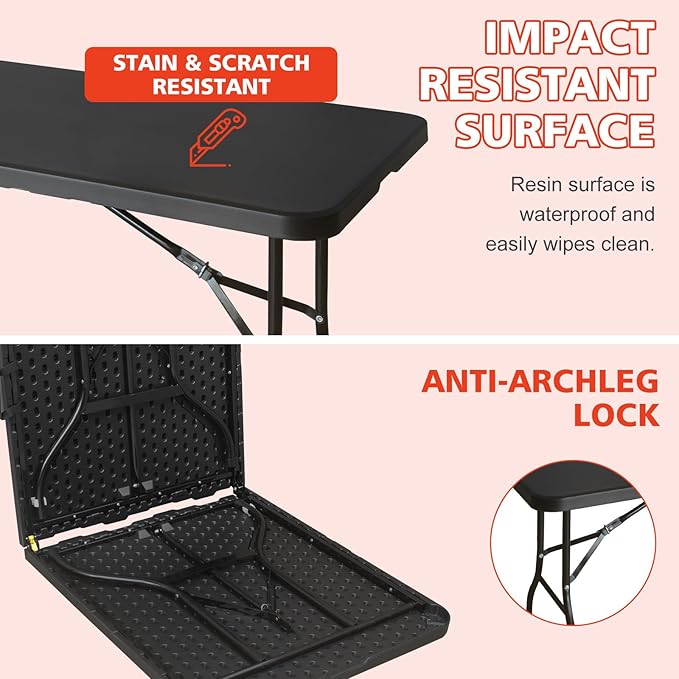 Portable 6Ft Plastic Folding Table, Heavy Duty 6ft Fold-in-Half Table with Carrying Handle, 6' Folding Utility Foldable Table for Picnic Party Camping Kitchen, Indoor/Outdoor (Black)