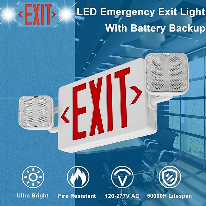 LED Exit Sign with Emergency Lights, Red LED Two Adjustable Head Emergency Exit Light with Backup Battery, AC 120V/277V, ABS Fire Resistant, UL Listed (12Pack)