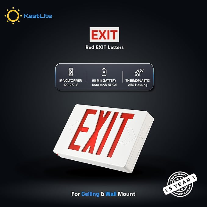 KastLite LED Exit Sign | Emergency Exit Sign with 90 Min Battery Backup | Ceiling & Wall Mount | Damp Rated, UL Listed, 120/277VAC, UL94V-0, Easy Install Small LED Exit Sign for Commercial Indoor Use