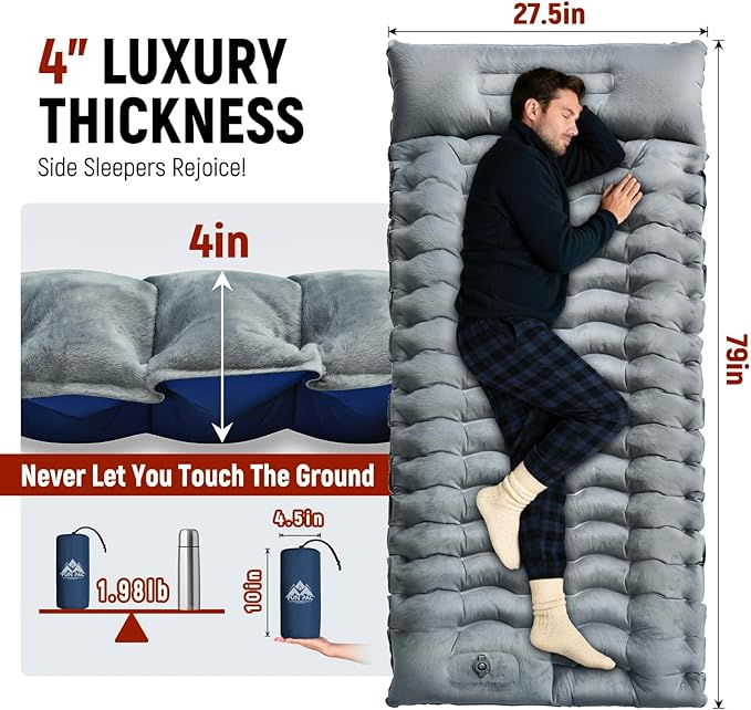 Camping Sleeping Pad, 9.2R-Value Ultralight Inflatable Air Mattress Built-in Foot Pump, Compact & Waterproof for Backpacking, Hiking, Travel - Upgraded Fleece-Lined Version Grey