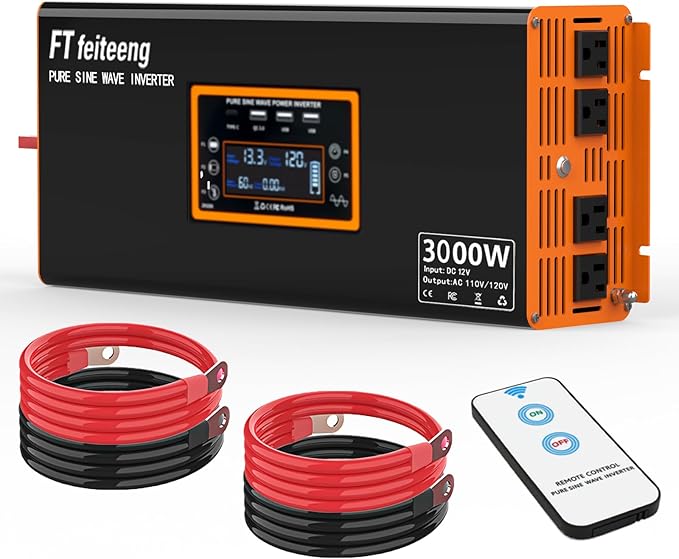 3000W Pure Sine Wave Inverter 12v to 110v Inverter 6000w Peak Power Rv Truck Emergency Power + Solar Off-Grid System Type-C/USB Fast Charging LCD Monitor Screen