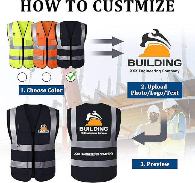 Custom Safety Vest with Logo, High Visibility Reflective Personalized Vest with Pockets for Men Women Construction
