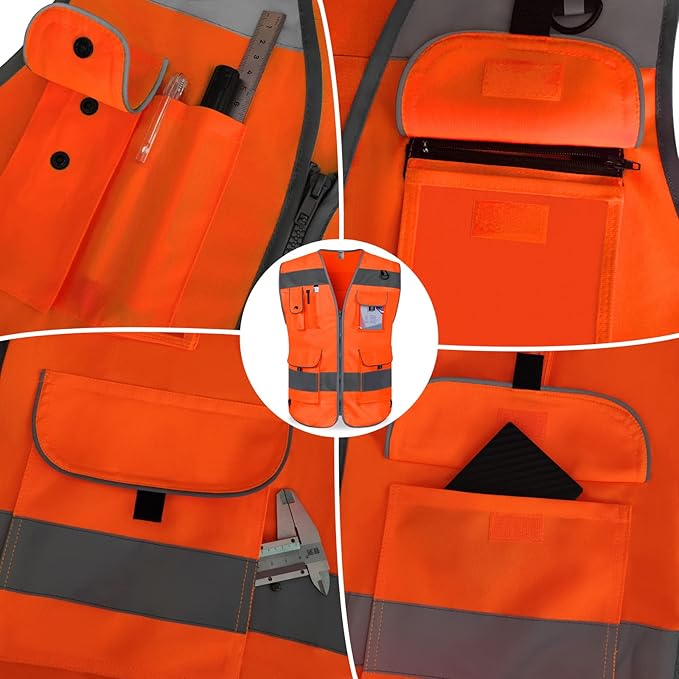 TCCFCCT Reflective Safety Vest 9 Pockets High Visibility Vest for Men Women, Hi Vis Reflective Work Vest for Safety, Meets ANSI/ISEA Standards, (Orange, XX-Large)
