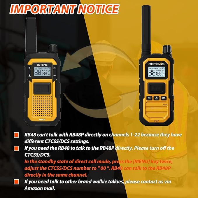 Retevis RB48 Plus Heavy Duty Walkie Talkies with Earpiece, IP67 Waterproof Two Way Radios, Long Range 2 Way Radio, Group Call, VOX, SOS, NOAA (4 Pack)