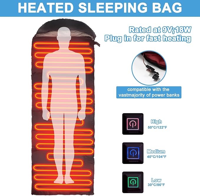 Heated Sleeping Bag for Adults, Electric Warm Bag with 3 Adjustable Heating Levels, USB Powered Heating Pads Adjustable Hood, 0 Degree Sleeping Bag Keep Warm for Cold Weather Camping Outdoor Hiking