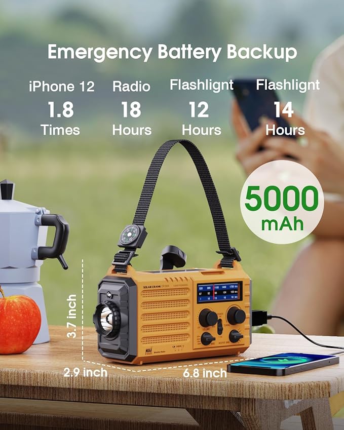 Emergency Weather Radio – 5-Way Powered NOAA Solar Hand Crank, AM/FM/SW, 18500mWh Power Bank, LED Flashlight, SOS Alarm – Portable Survival Radio for Power Outages & Storms (Yellow)