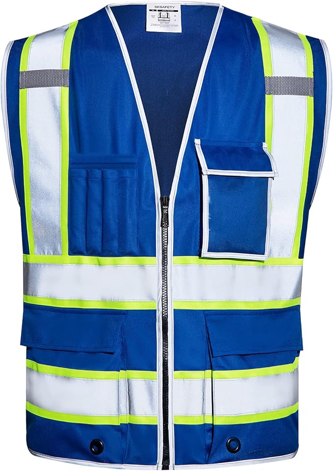 SKSAFETY 10 Pockets Safety Vest, Class 2 High Visibility Security with Zipper, Hi Vis Vest with Reflective Strips, ANSI/ISEA Standard, Construction Work Vest for Men ＆ Women （Blue, XL）