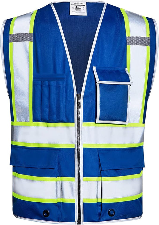 SKSAFETY 10 Pockets Safety Vest, Class 2 High Visibility Security with Zipper, Hi Vis Vest with Reflective Strips, ANSI/ISEA Standard, Construction Work Vest for Men ＆ Women （Blue, 4XL）
