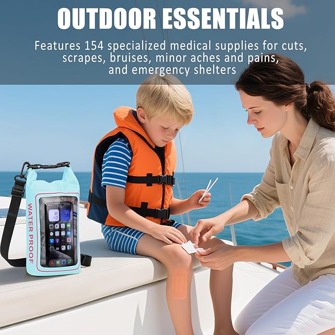 154 Pieces Waterproof Boat First Aid Kit Dry Bag with Cell Phone Bug Out Bags Pouch Roll Top Boat Emergency Kit 2-in-1 for Camping Fishing Kayaking Swimming Rafting