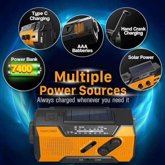 FosPower NOAA Emergency Weather Radio A1 7400mWh Portable Power Bank, AM/FM, USB/Solar/Hand Crank Charging, Battery Operated, SOS Alarm & Flashlight for Indoor/Outdoor Emergency - Orange