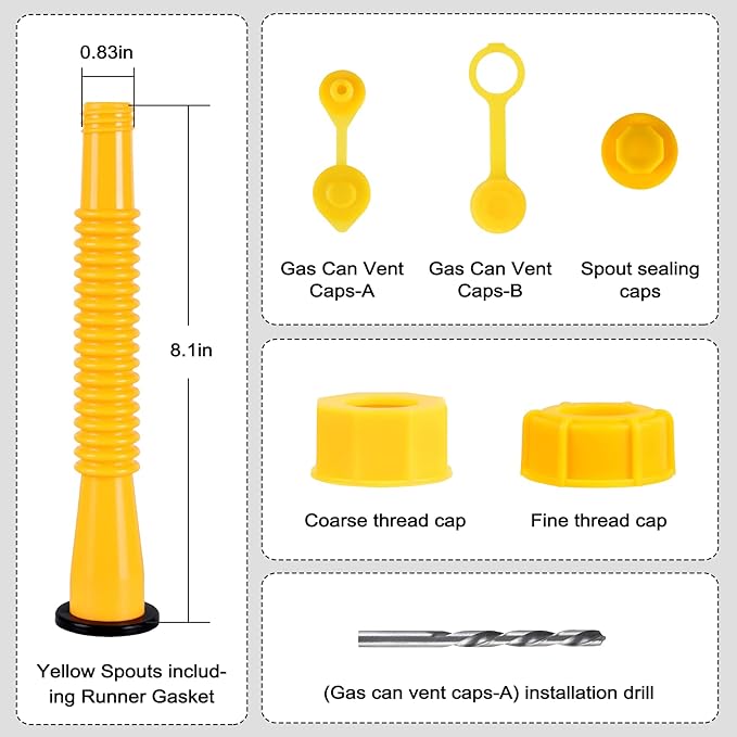 Gas Can Spout Replacement, Gas Can Nozzle Replacement (3 Kits-Orangish). For 1/2/5/10 gallon gas cans. Upgraded replacement gas can spout with flexible nozzle, vent cap, thick rubber pad, spout cover