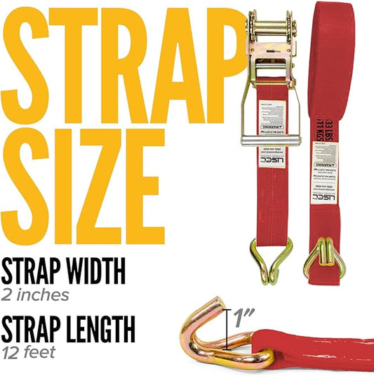 US Cargo Control Wire Hook Ratchet Straps 2 Inch x 12 Foot (2-Pack), 10,000 LBS Break Strength, Ratchet Straps Heavy Duty with Double J Hooks, Red Cargo Tie Downs for Flatbed Trailers and Trucks